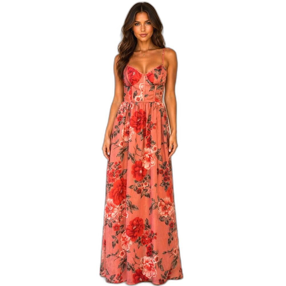 Crystal Doll Floral Shimmer Maxi Dress Bustier Bodice Spaghetti Straps Size 7